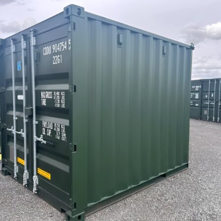 Green 10ft x 8ft shipping container, one trip, with double doors and lockbox.