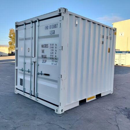 A white 10ft x 8ft shipping container, perfect for secure storage.