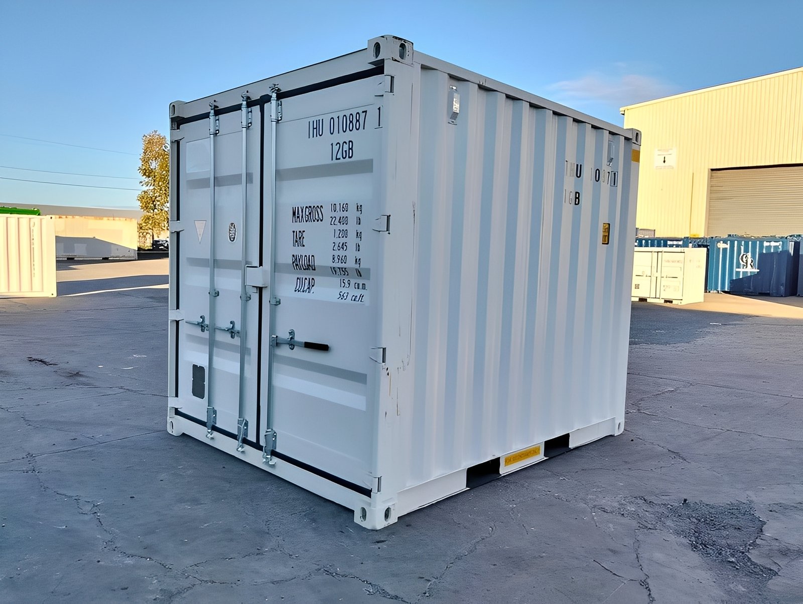 A white 10ft x 8ft shipping container, perfect for secure storage.