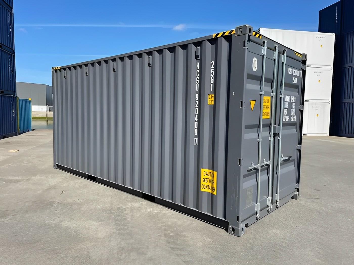 A new, blue 20ft high cube container with doors closed, ready for delivery.