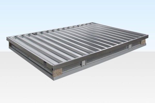A 3m x 21m flat pack storage container, shown assembled and galvanised, ready for outdoor use.