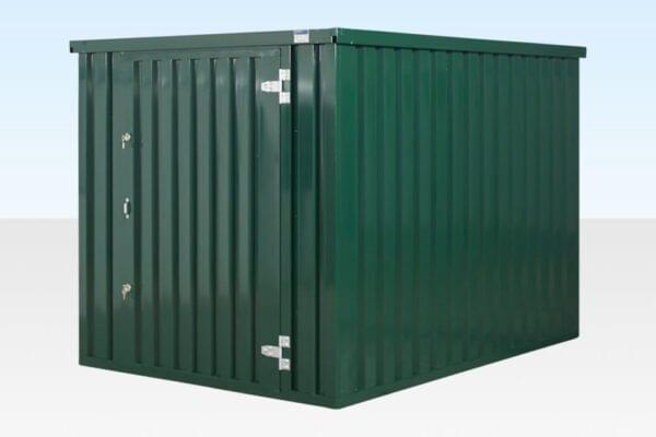 A 3m x 21m flat pack storage container shown in its assembled, open-sided form on a construction site.