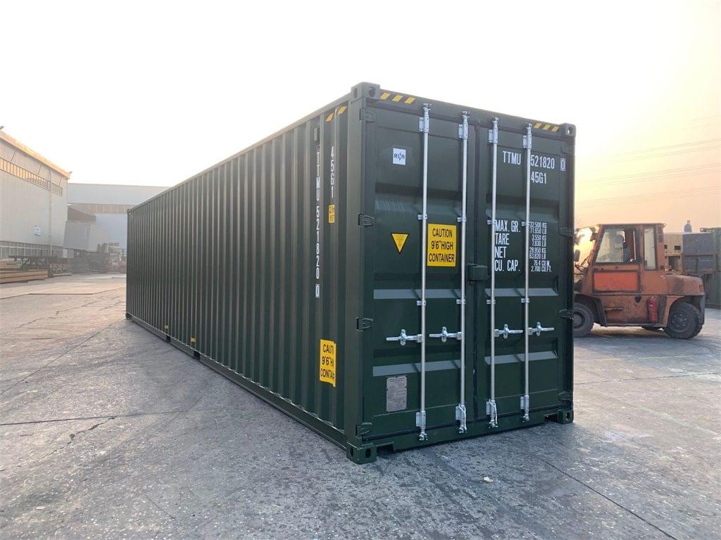 A bright blue 40ft high cube container, one trip, shown ready for delivery.