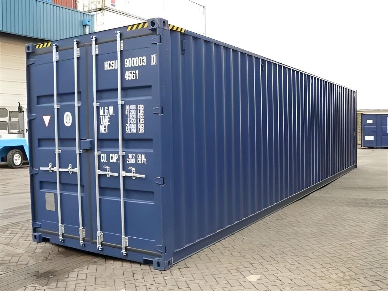 A blue 40ft high cube container, one-trip condition, shown outdoors.