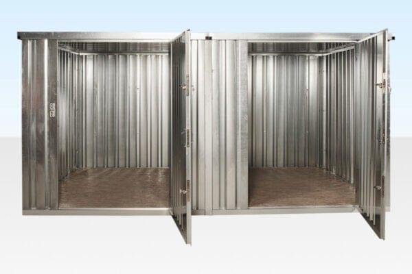 A 3m x 42m side linked flat pack container bundle, galvanised, assembled on a site.