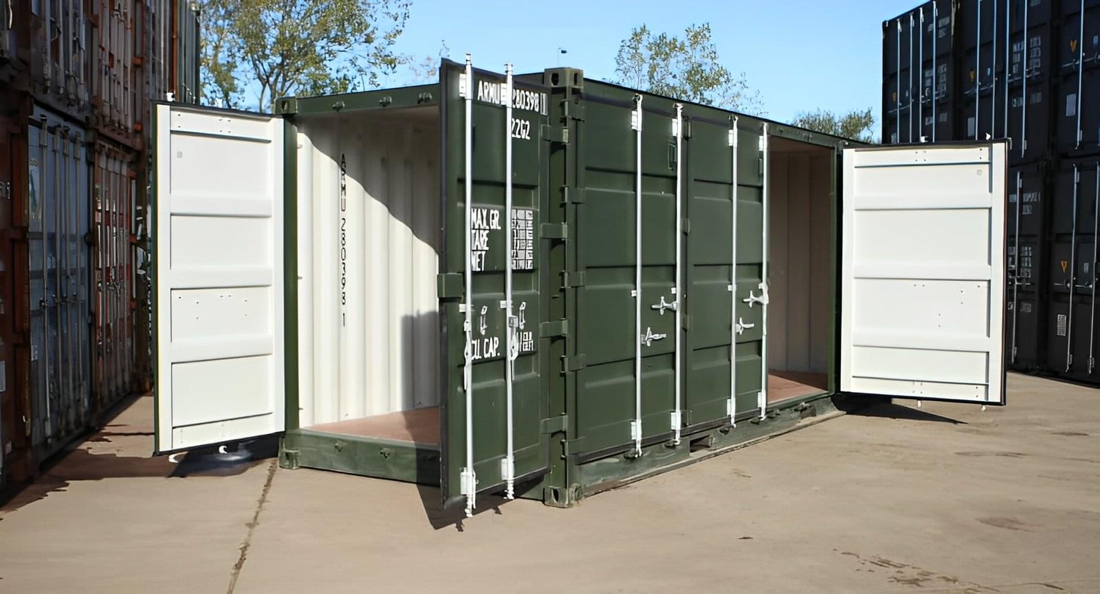 A used 20ft open side shipping container with its side doors fully open, showing full access.